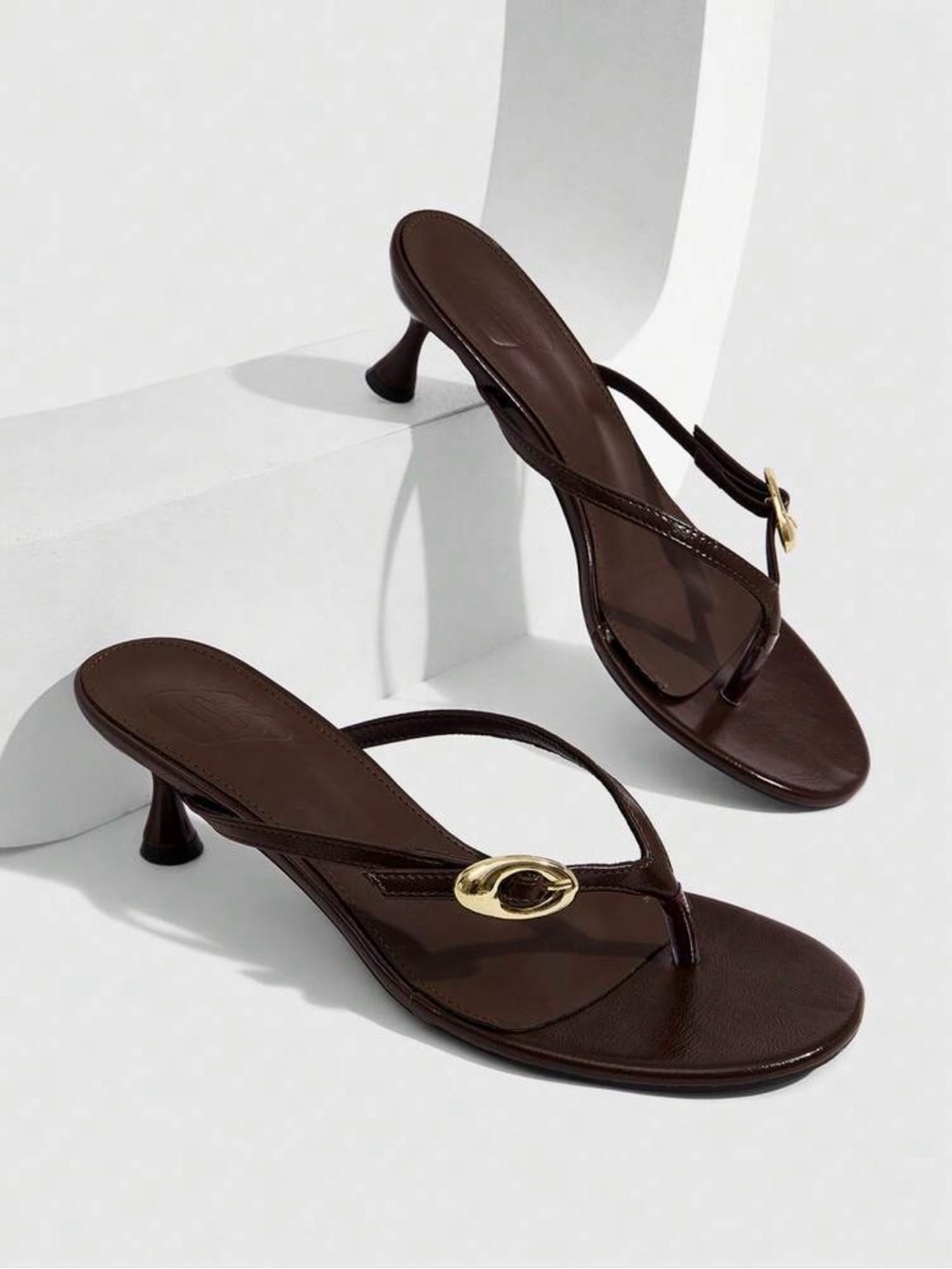 Brown Leather Thong Kitten Heel Sandals